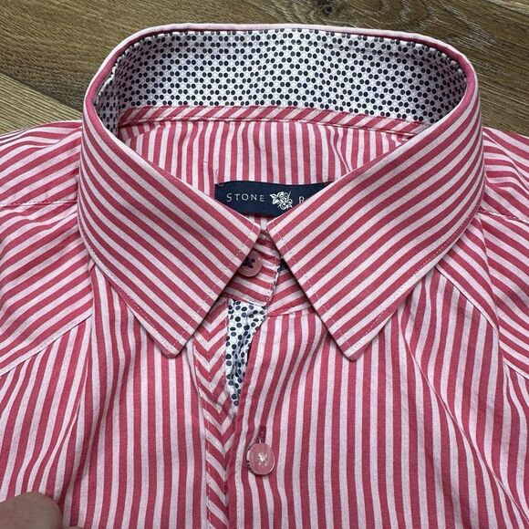 Stone Rose Shirt Mens White Pink Striped Cotton Black Rivet Button Up 4 Large - Picture 3 of 7